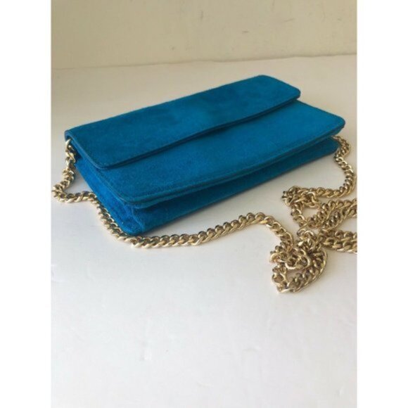 Banana Republic Italian Suede Chain Mini Clutch Laser BLUE Handbag Crossbody - Picture 9 of 12